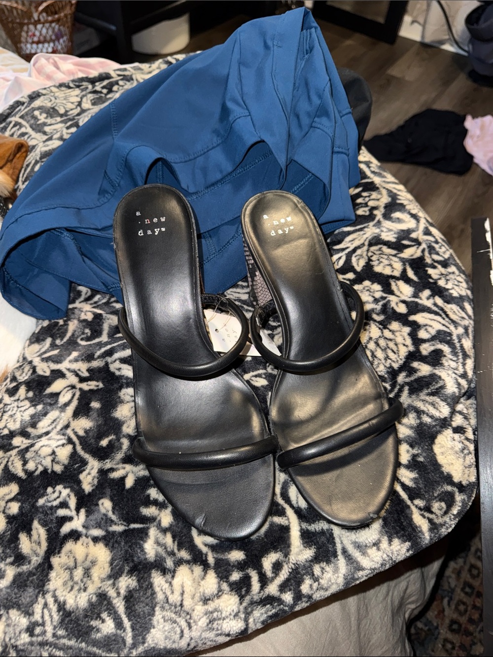 a new day Black Double-Strap Slip-On Heeled Sandals